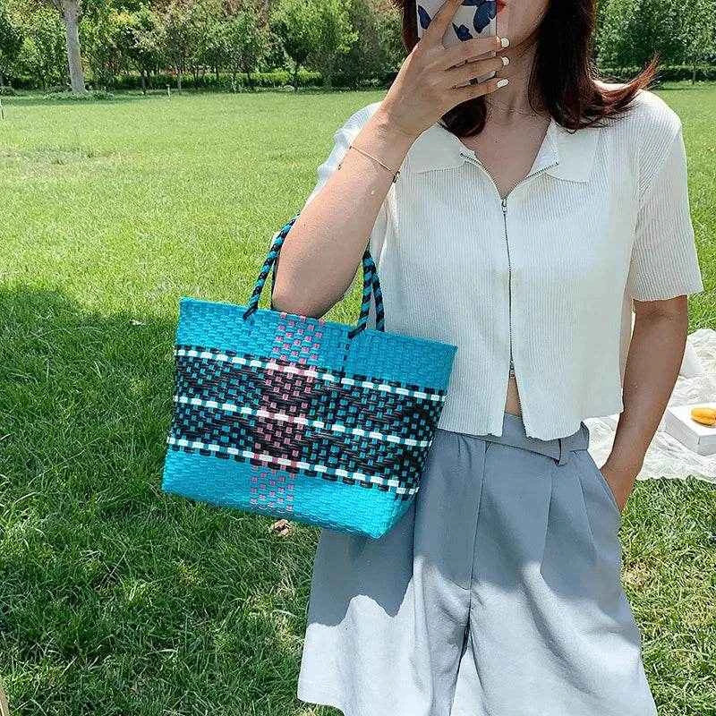 Plastic Woven Women's Handbag Handmade Bohemia Storage Basket Contrast Tote Bag Designer Summer Beach Bag Female Shoulder Bags