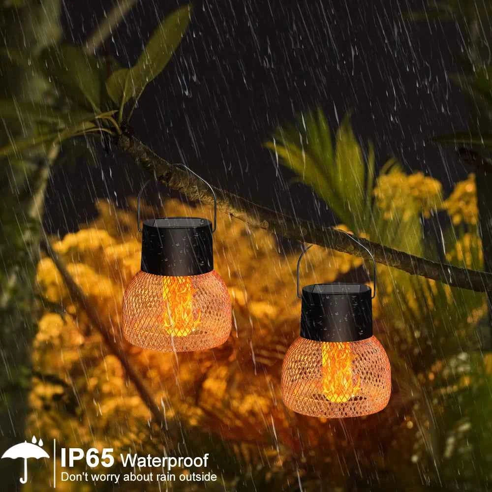 LED Outdoor Flame Effect Hanging Lantern Ball Lamp Retro Waterproof Solar Powered Lights Courtyard Garden Path Camping Decoratio