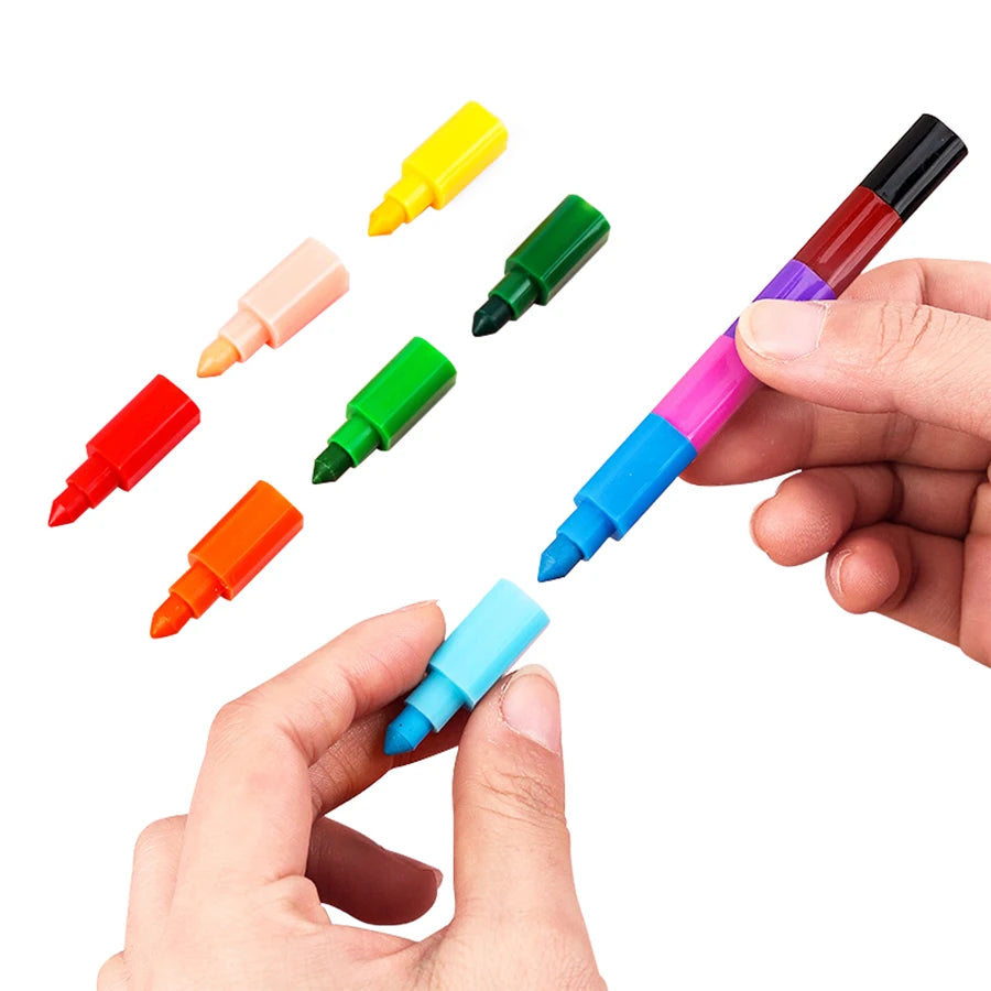6pcs 12 Colors Building Block Crayons Children Graffiti Pens Drawing Painting Stationery Suit for School Students Gifts for Kids - Qoraheyhub