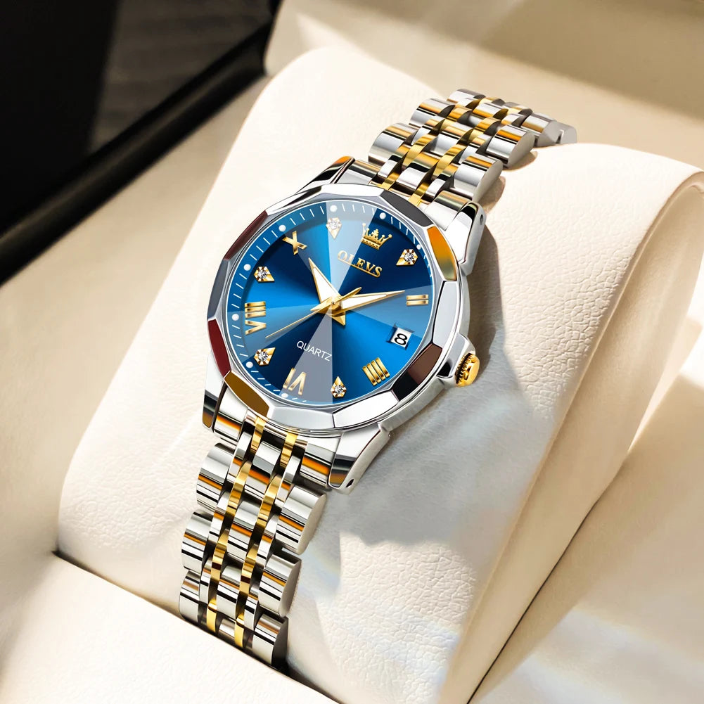 OLEVS Fashion Golden Watch for Women Stainless Steel Waterproof Women's Watches Elegant Original Luxury Ladies Quartz Wristwatch - Qoraheyhub