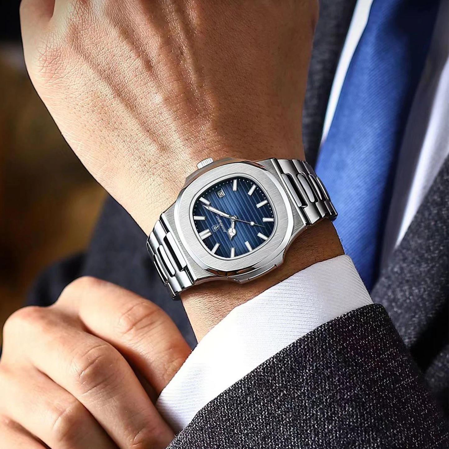 POEDAGAR Square Luxury Men Wristwatch Waterproof Luminous Date Stainless Steel Male Clock Business Sports Quartz Watches For Men - Qoraheyhub
