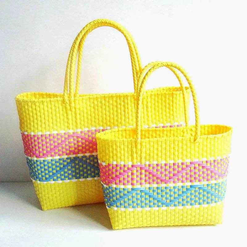 Plastic Woven Women's Handbag Handmade Bohemia Storage Basket Contrast Tote Bag Designer Summer Beach Bag Female Shoulder Bags