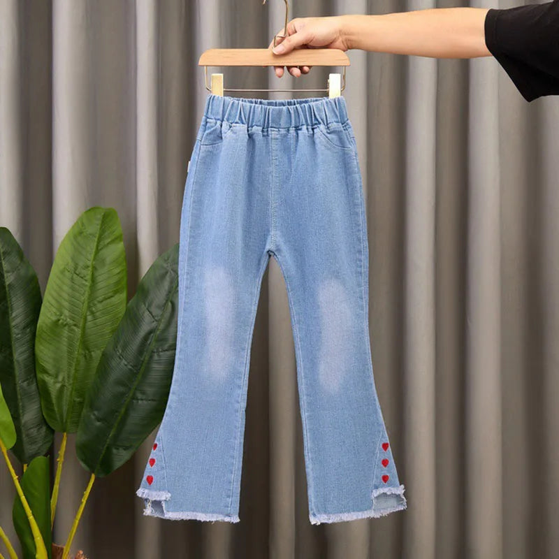 2024 New Autumn Elastic Kids Jeans Girls Cute Leisure Bow Denim Blue Children Flared Pants teenage Girl Clothes Trousers 3-12Y - Qoraheyhub
