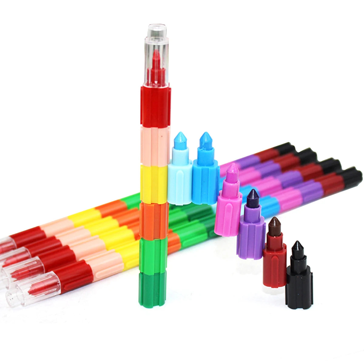 6pcs 12 Colors Building Block Crayons Children Graffiti Pens Drawing Painting Stationery Suit for School Students Gifts for Kids - Qoraheyhub