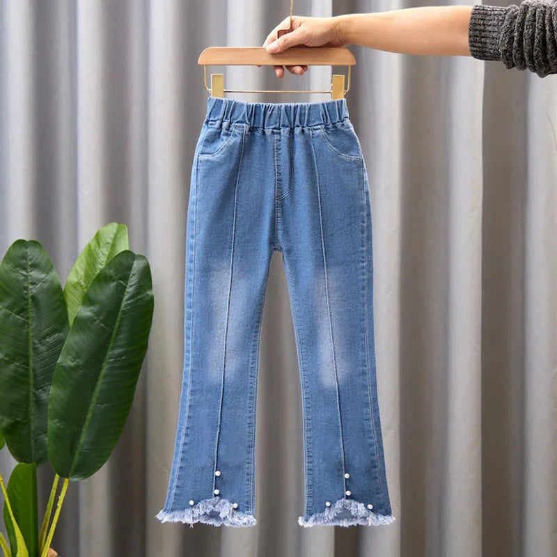 2024 New Autumn Elastic Kids Jeans Girls Cute Leisure Bow Denim Blue Children Flared Pants teenage Girl Clothes Trousers 3-12Y - Qoraheyhub