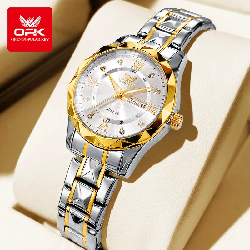 OPK Women Watches 6023L Elegant Fashion Original Quartz Watch for Lady Waterproof Stainless Steel Strap Small Dial Luminous Date - Qoraheyhub