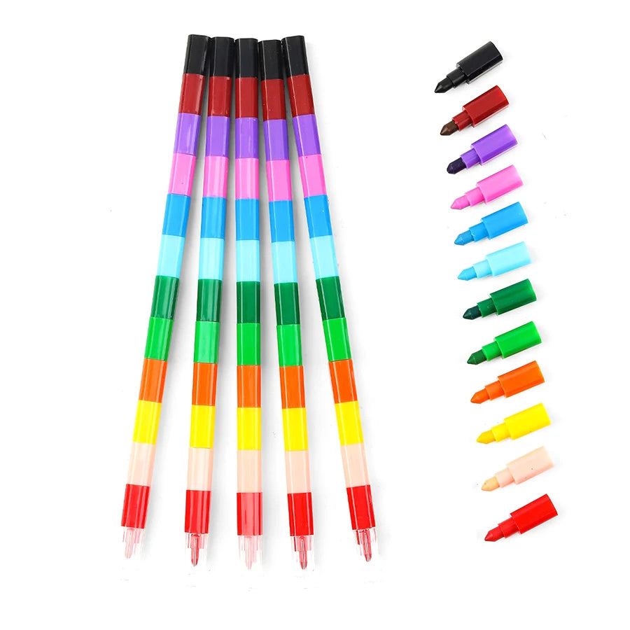 6pcs 12 Colors Building Block Crayons Children Graffiti Pens Drawing Painting Stationery Suit for School Students Gifts for Kids - Qoraheyhub