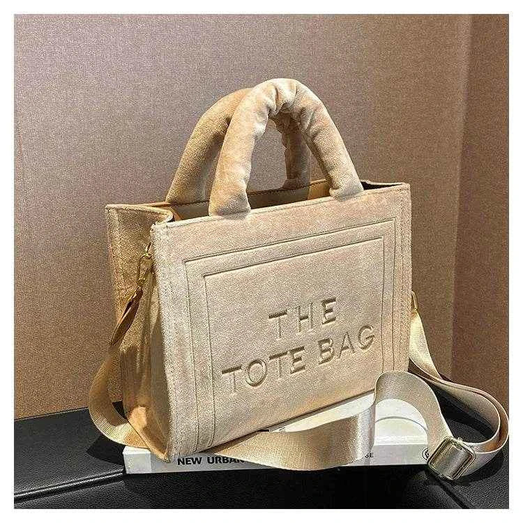 2025 Women's Khaki Velour Tote Bag Original Letter Print Medium Ladies Brand Shopper Handbag Female Square Medium Shoulder Bags