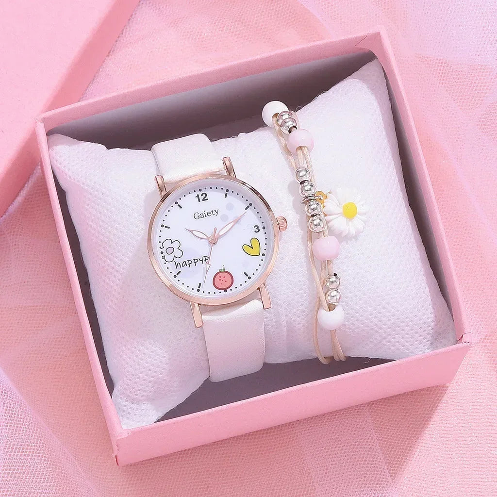 Kids Watches Pink Cute Children's Wristwatch Cartoon Pattern Quartz Watch Set for Girls Fashion Students' Clock Relogio Feminino - Qoraheyhub