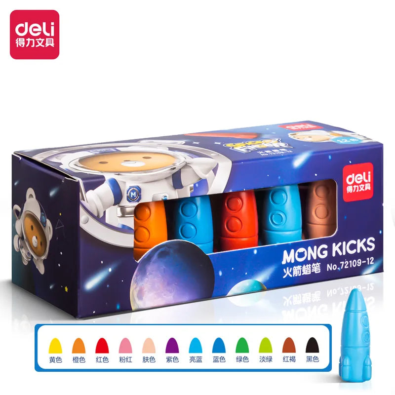 12 Color Set Space Ship Rocket Shape Non-Toxic Wax Crayon Graffiti Pen Kids Student Painting Drawing Art Supplies Stationery - Qoraheyhub