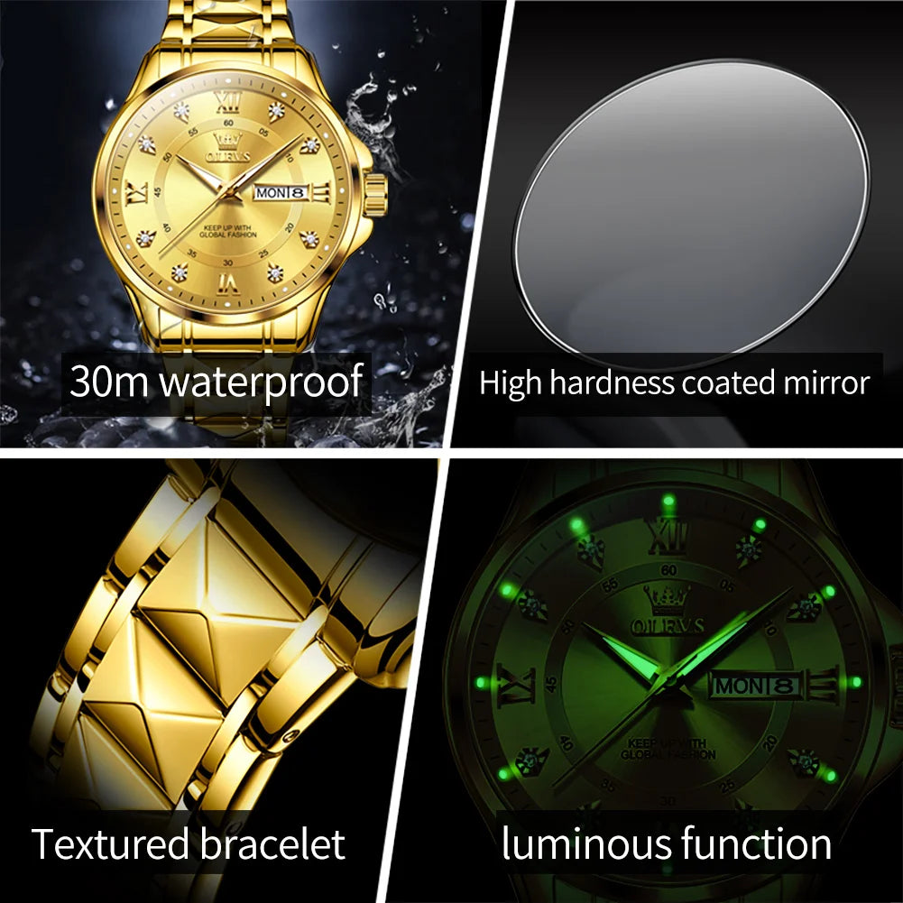 OLEVS High Quality Luxury Watches for Men Stainless Steel Dual Calendar Luminous Waterproof Quartz Fashion Business Man Watch - Qoraheyhub