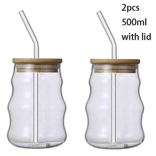 1/2pcs 500ml Glass Tumblers Cups With Straw Mason Jar Clear Juice Coffee Milk Cup With Bamboo Lids Drinkware Stripe Beer Mug