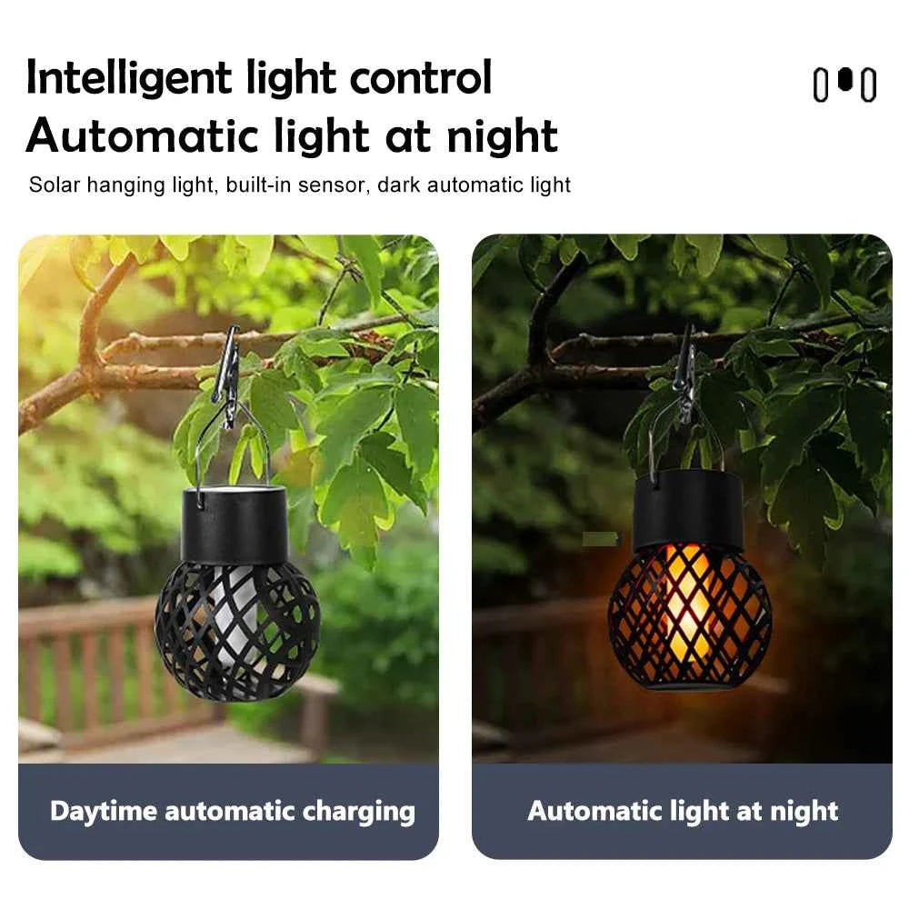 LED Outdoor Flame Effect Hanging Lantern Ball Lamp Retro Waterproof Solar Powered Lights Courtyard Garden Path Camping Decoratio