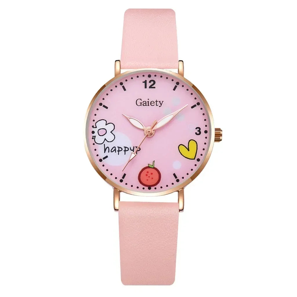 Kids Watches Pink Cute Children's Wristwatch Cartoon Pattern Quartz Watch Set for Girls Fashion Students' Clock Relogio Feminino - Qoraheyhub