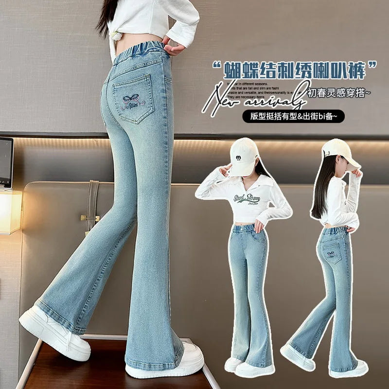 New Bow Embroidery Design Children Flared Jeans For Girls Fashion Street Denim Pants High Quality Kids Baby Trousers 5-14 Y - Qoraheyhub