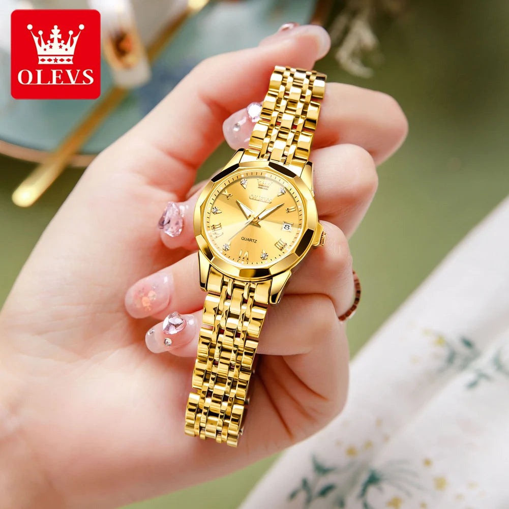 OLEVS Fashion Golden Watch for Women Stainless Steel Waterproof Women's Watches Elegant Original Luxury Ladies Quartz Wristwatch - Qoraheyhub