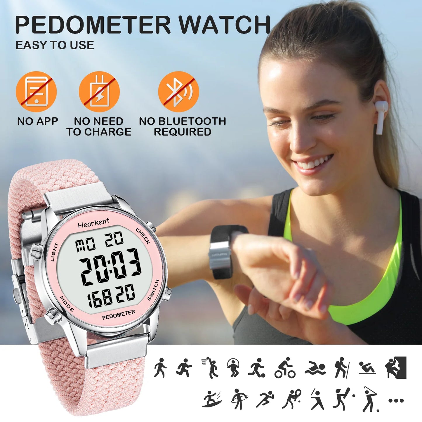 Hearkent Pedometer Sport Watches Step Counter Watch Women Digital Watches Calories Mile Stopwatch Countdown for Walking Tracker - Qoraheyhub