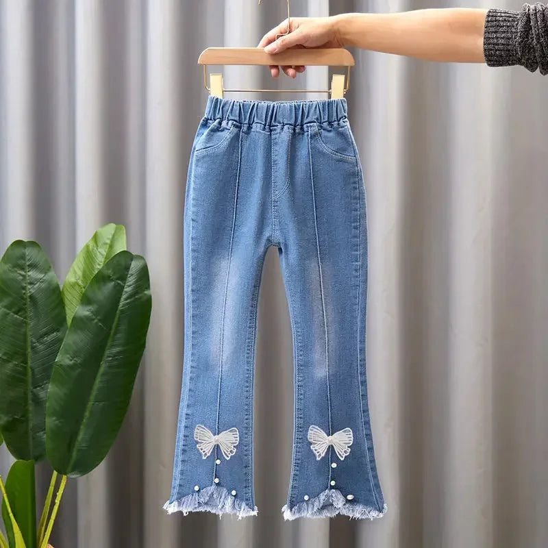 Baby Girls Cowboy Pants Spring Autumn Girls Casual Denim Trousers Children Clothing Kids Stretch Flared Pants for 4-10 Years - Qoraheyhub