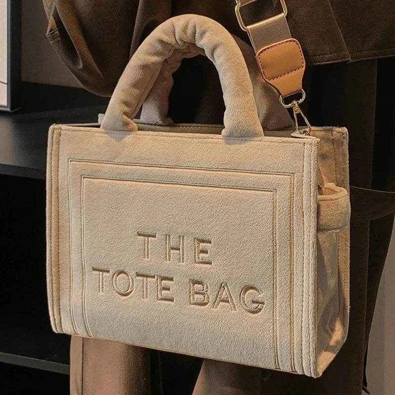 2025 Women's Khaki Velour Tote Bag Original Letter Print Medium Ladies Brand Shopper Handbag Female Square Medium Shoulder Bags
