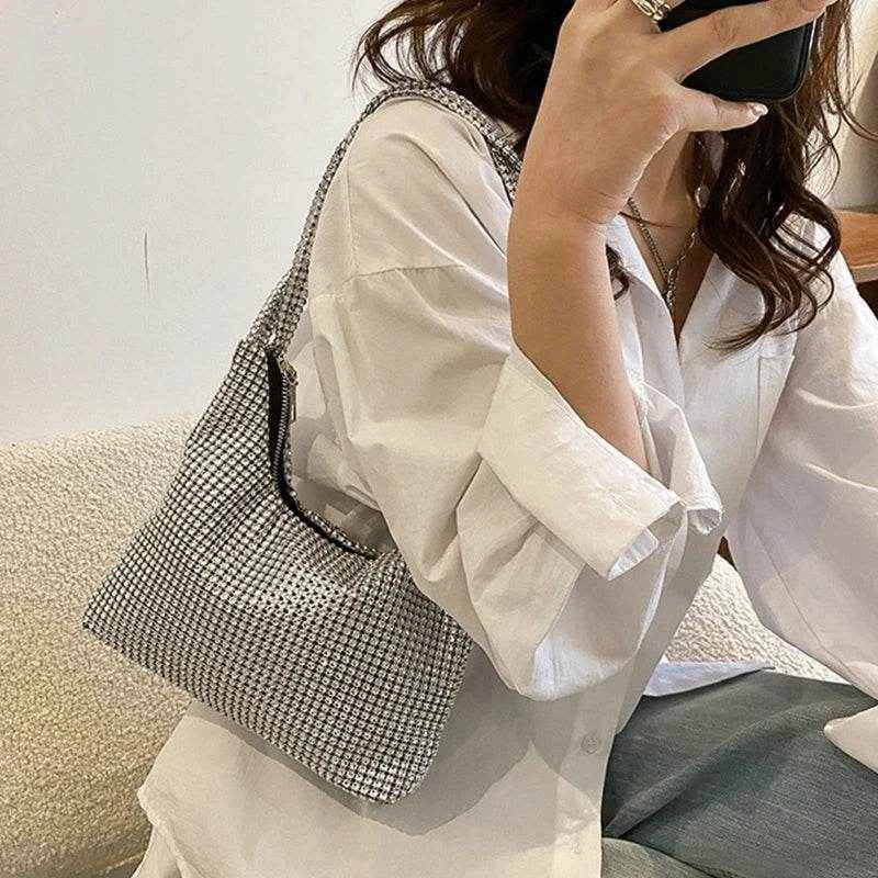 Delicate Shoulder Bag for Rhinestone Bag Clutch Purses Handbag Evening Bag Silver Shiny Underarm Bag for Valentine's Day