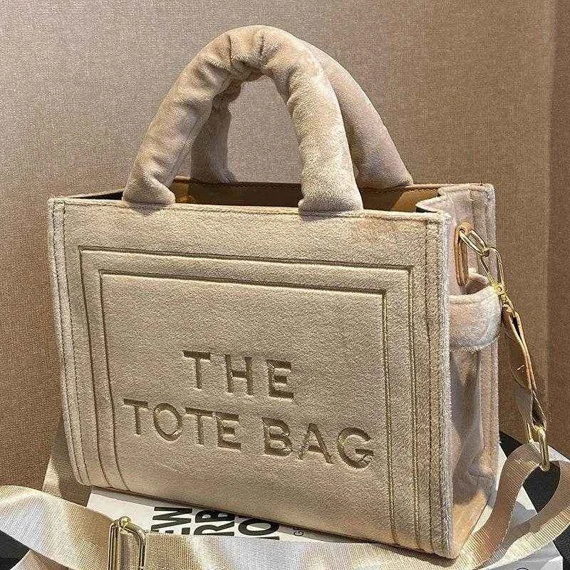 2025 Women's Khaki Velour Tote Bag Original Letter Print Medium Ladies Brand Shopper Handbag Female Square Medium Shoulder Bags
