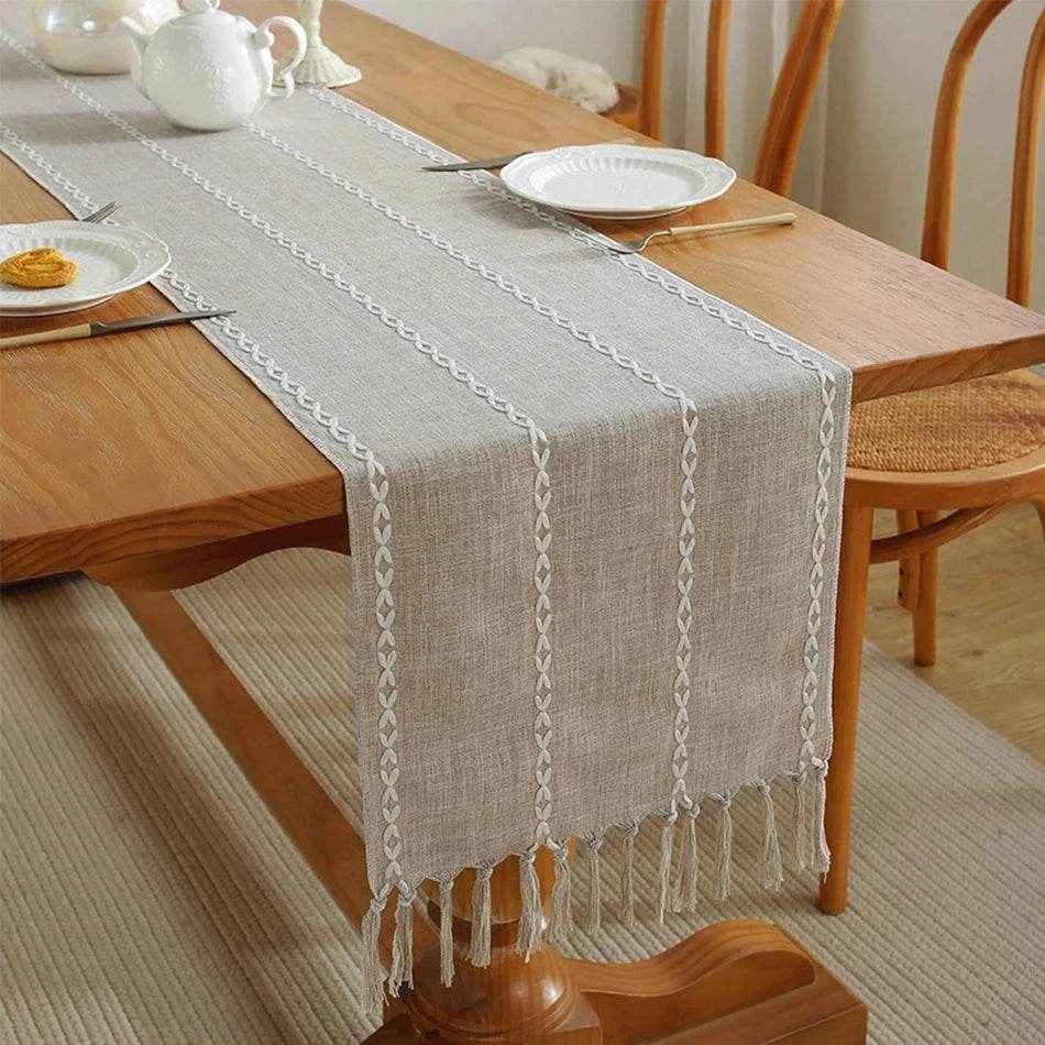 Cotton Linen Blended Table Runner,Hand-woven Tassels Perfect for Wedding Arched Door Party Dinner Table Decor
