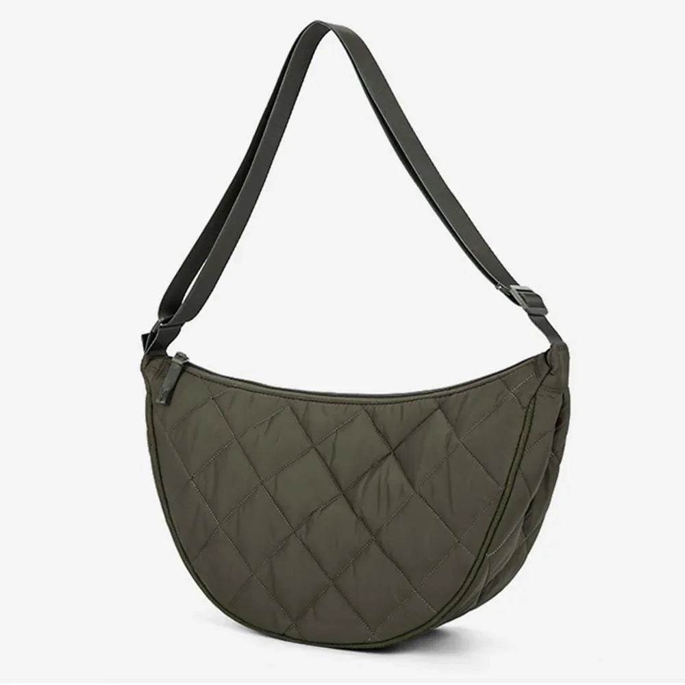 Autumn and Winter Diamond Lattice Single Shoulder Crossbody Bag Fashion Quilted Handbag Portable Nylon Plaid Commuter Travel Bag Qoraheyhub black Dark khaki green black-Dark khaki-green-WHITE-
