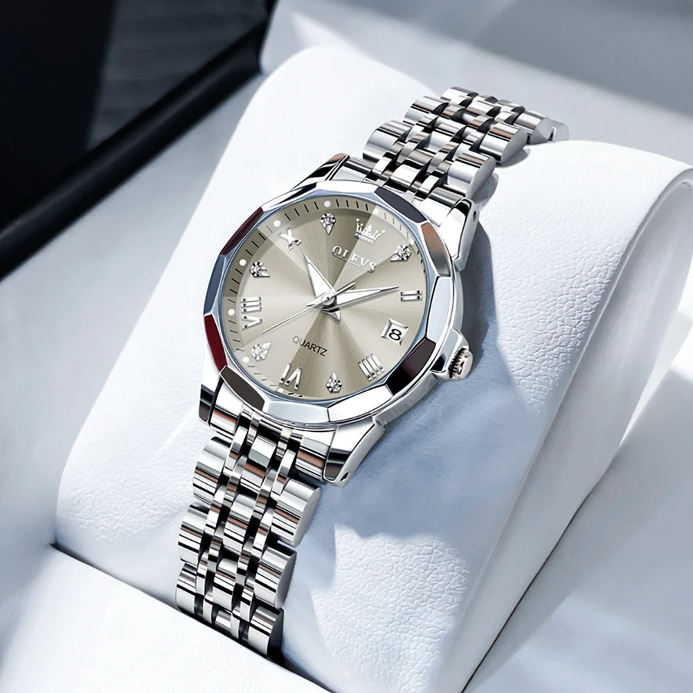 OLEVS Elegant Fashion Women's Watches Luxury Brand Original Quartz Watch for Ladies Waterproof Stainless Steel Luminous Date - Qoraheyhub