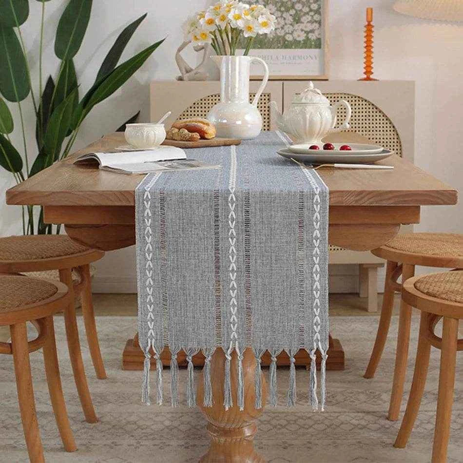 Cotton Linen Blended Table Runner,Hand-woven Tassels Perfect for Wedding Arched Door Party Dinner Table Decor