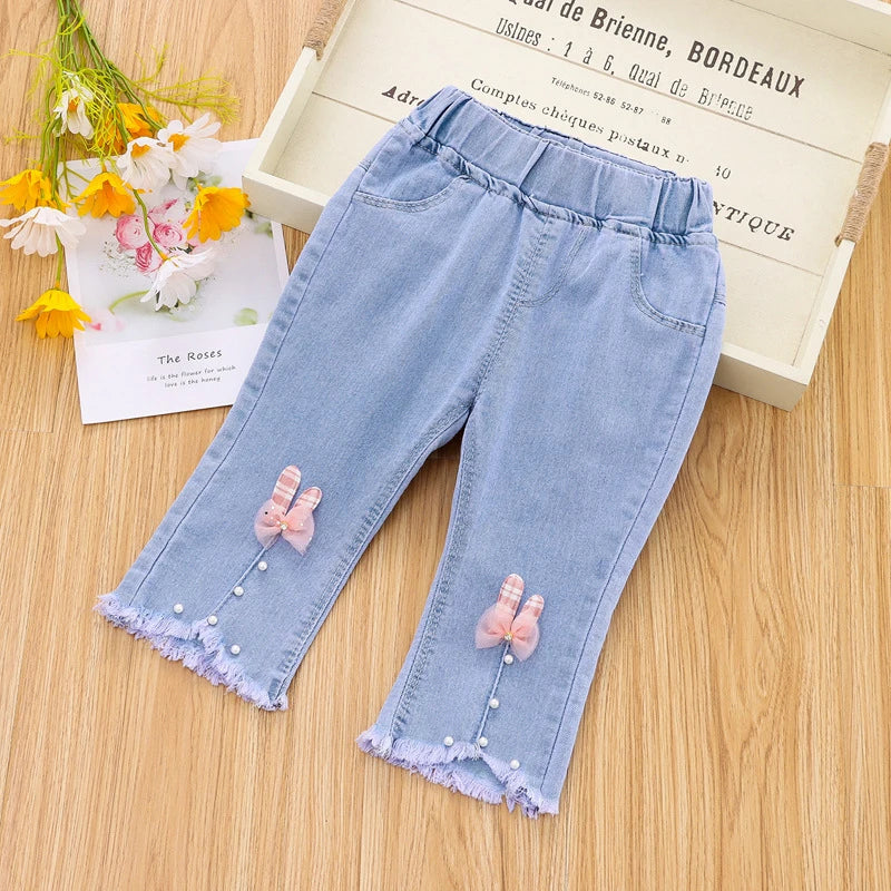 7/10 Pants LengthSpring Autumn Children Jeans Girls Cotton Print Splice Stretch Denim Pants Korean Teenage Kids Clothing - Qoraheyhub