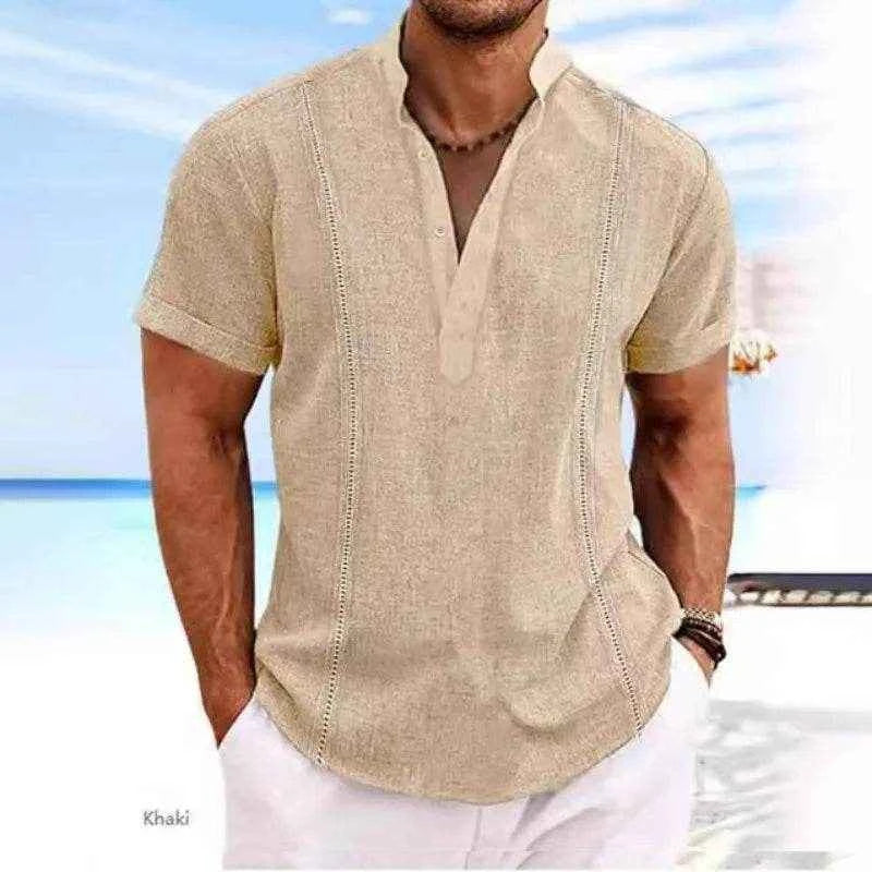 Summer Striped Henley Men's Shirts Fashion Oversized Button Stand Collar Short Sleeve Shirt Tops Man Clothing Comfortable Shirts