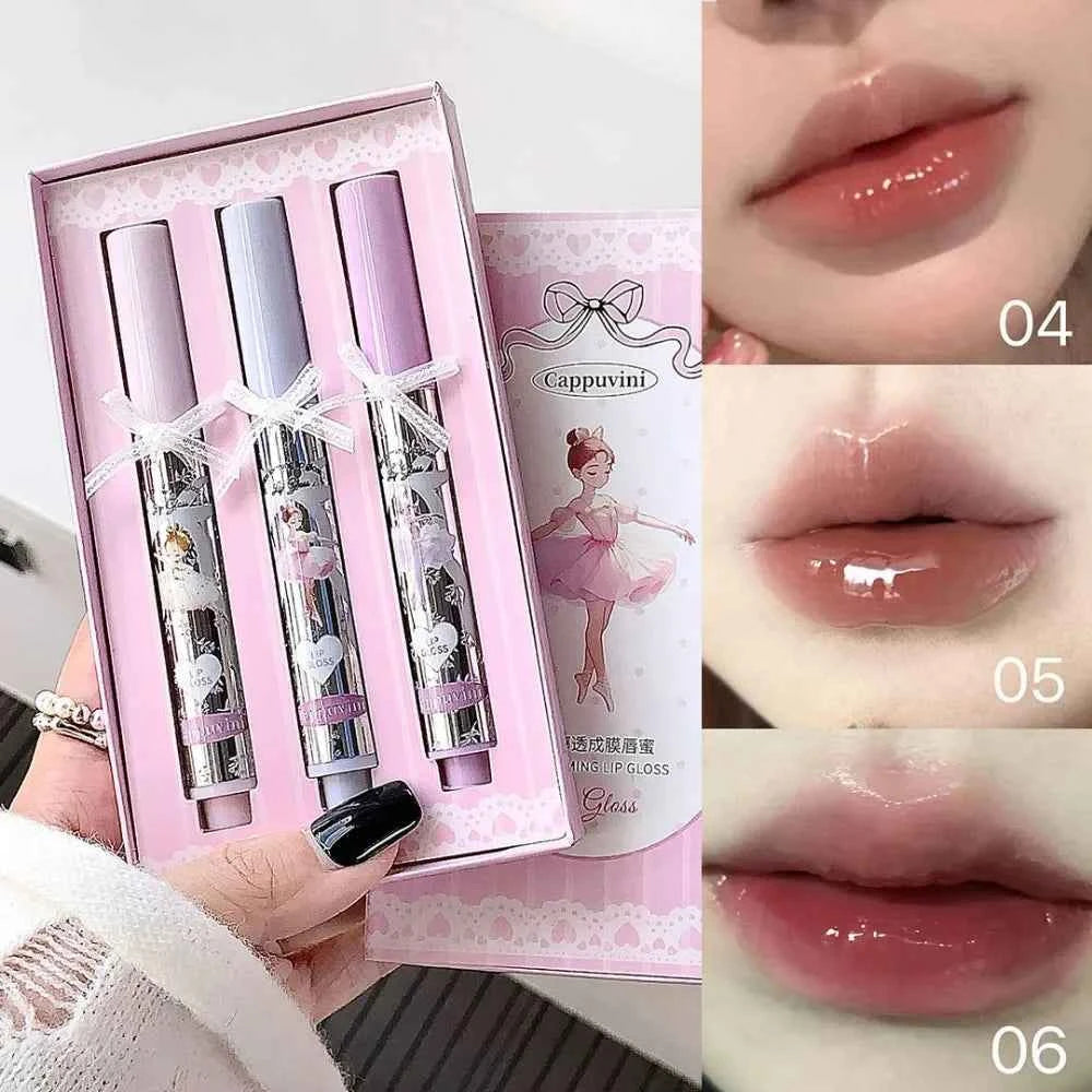 Ballet Girls Mirror Crystal Lip Gloss Makeup Set Water Glass Lip Glaze Waterproof Film Forming Sponge Head Jelly Lip Tint Kit