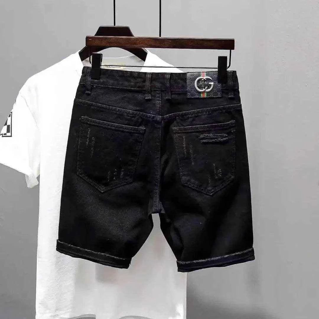 Trendy Brand Men's Unique Hip Hop Black Denim Shorts Loose Fit Summer Style High Quality Cotton Pants With Distressed Details