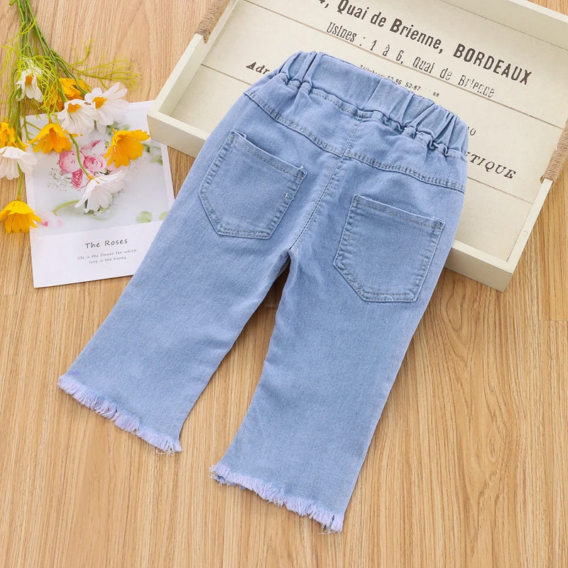 7/10 Pants LengthSpring Autumn Children Jeans Girls Cotton Print Splice Stretch Denim Pants Korean Teenage Kids Clothing - Qoraheyhub