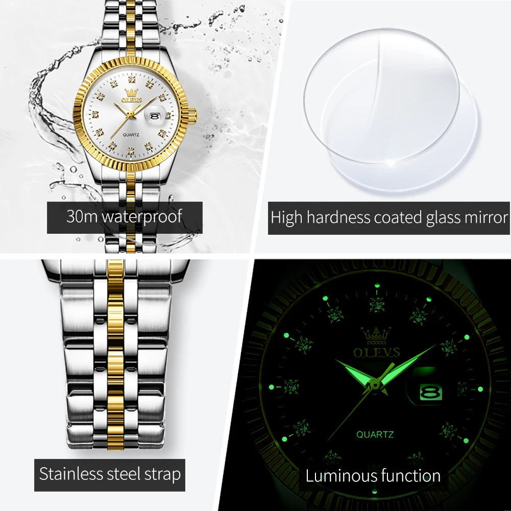 OLEVS 5526 Quartz Elegant Dress Wristwatch Luxury Stainless Steel Waterproof Watch For Women Date Display Original Woman Watches - Qoraheyhub