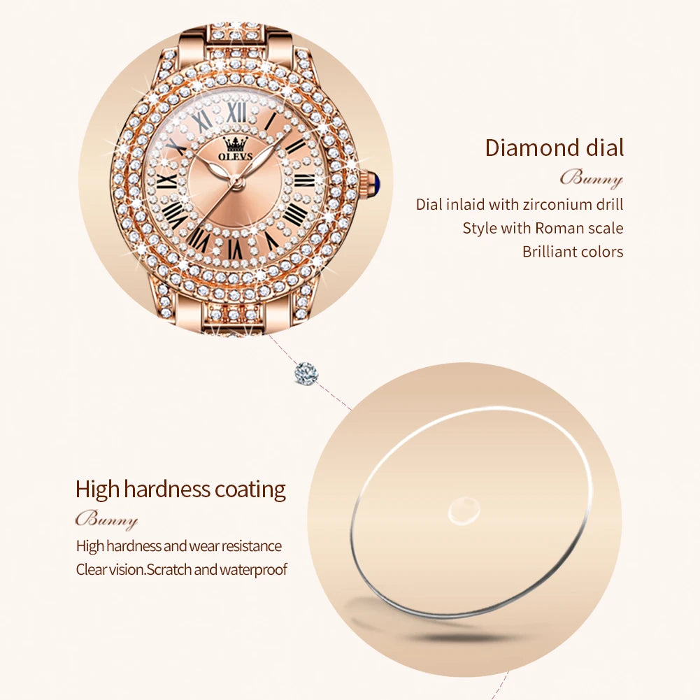 OLEVS Original Diamond Watch for Women Fashion Elegant Stainless Steel Waterproof Quartz Wristwatch Luxury Ladies Dress Watches - Qoraheyhub