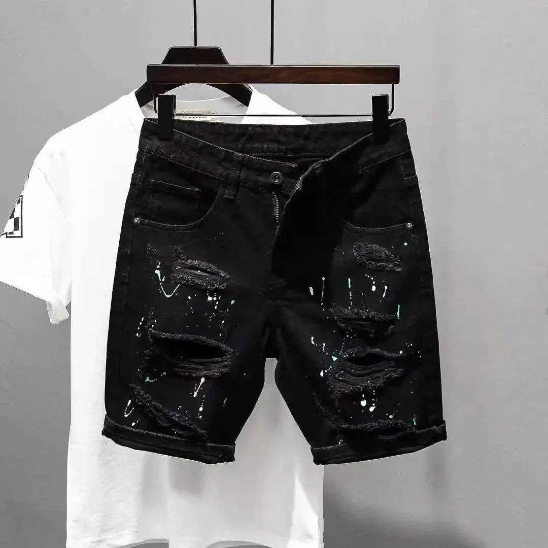 Trendy Brand Men's Unique Hip Hop Black Denim Shorts Loose Fit Summer Style High Quality Cotton Pants With Distressed Details