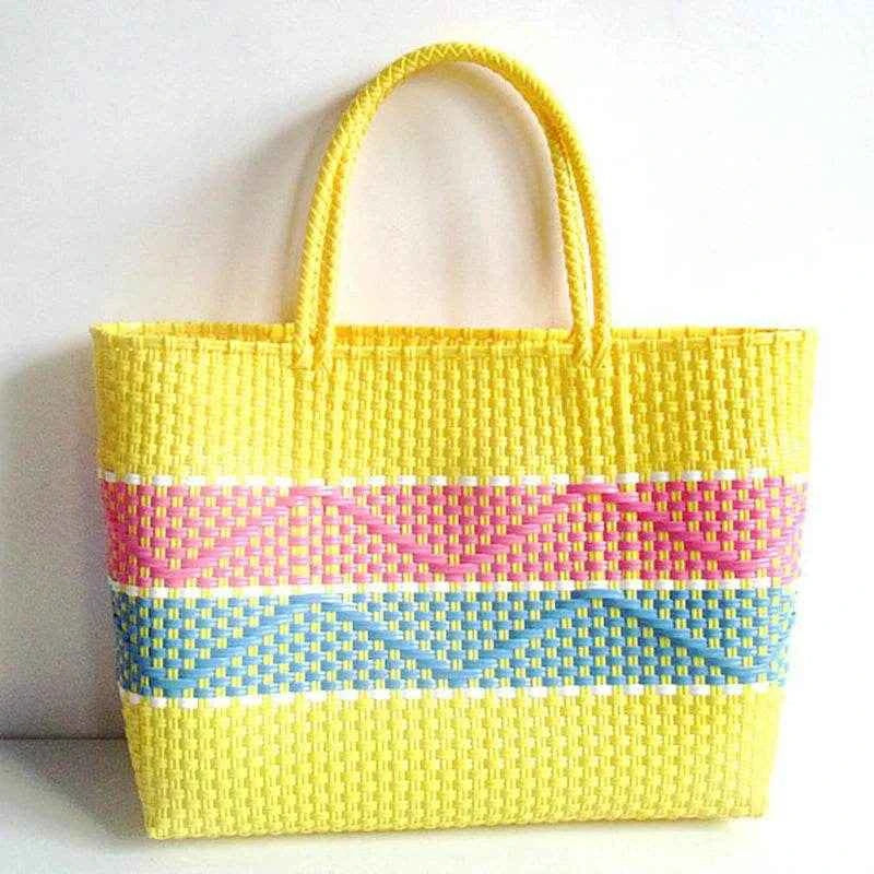 Plastic Woven Women's Handbag Handmade Bohemia Storage Basket Contrast Tote Bag Designer Summer Beach Bag Female Shoulder Bags