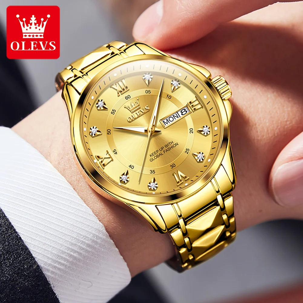 OLEVS High Quality Luxury Watches for Men Stainless Steel Dual Calendar Luminous Waterproof Quartz Fashion Business Man Watch - Qoraheyhub
