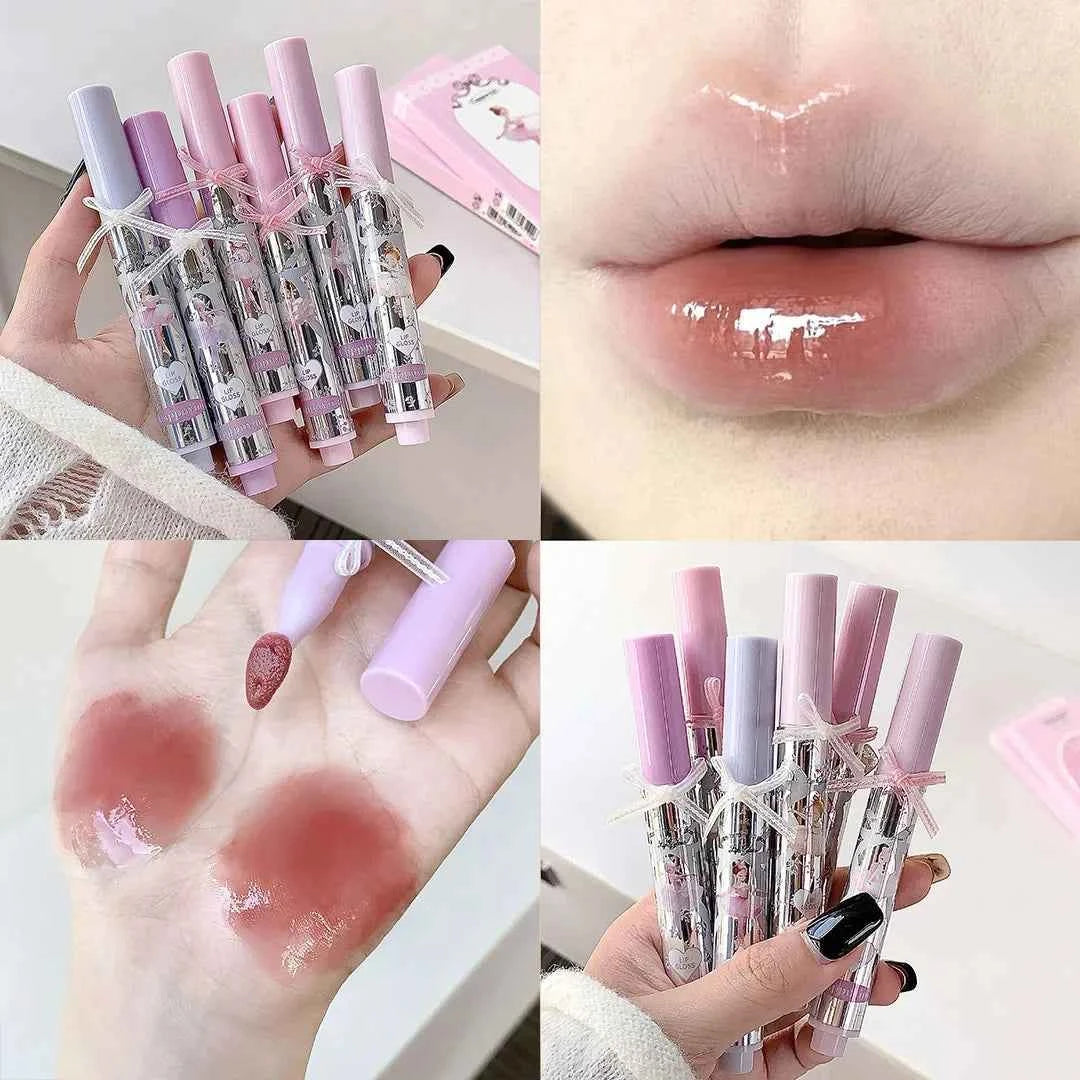 Ballet Girls Mirror Crystal Lip Gloss Makeup Set Water Glass Lip Glaze Waterproof Film Forming Sponge Head Jelly Lip Tint Kit