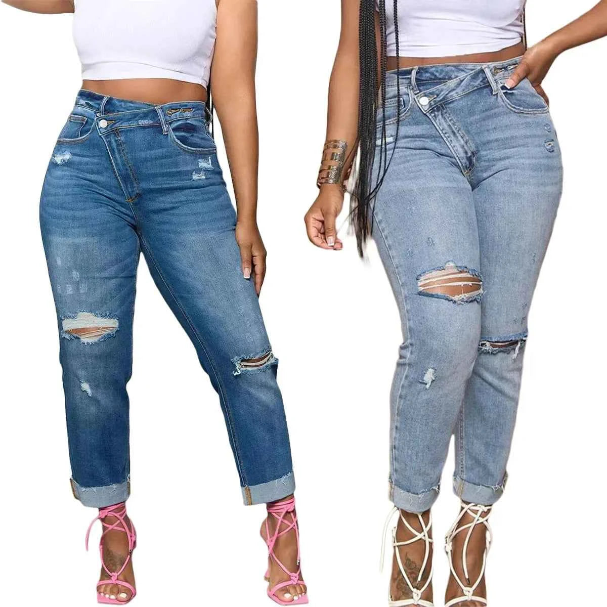 Jeans Women denim pant Cuffs Hole Distressed Ankle Length Straight Pants Washed Ripped Casual Denim High Waist Loose 2025