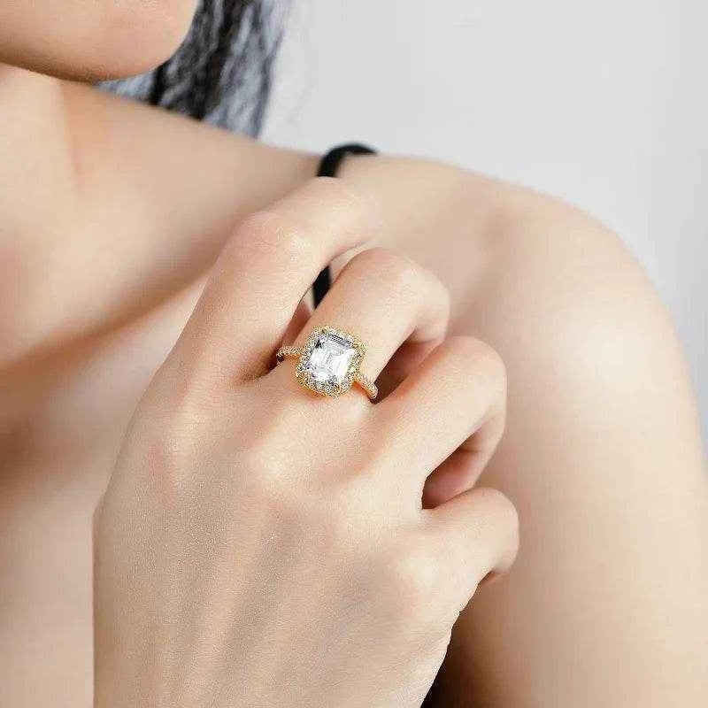 Emerald Cut 3 Carat Moissanite Ring 925 Sterling Silver Yellow Color Woman Engagement Gift