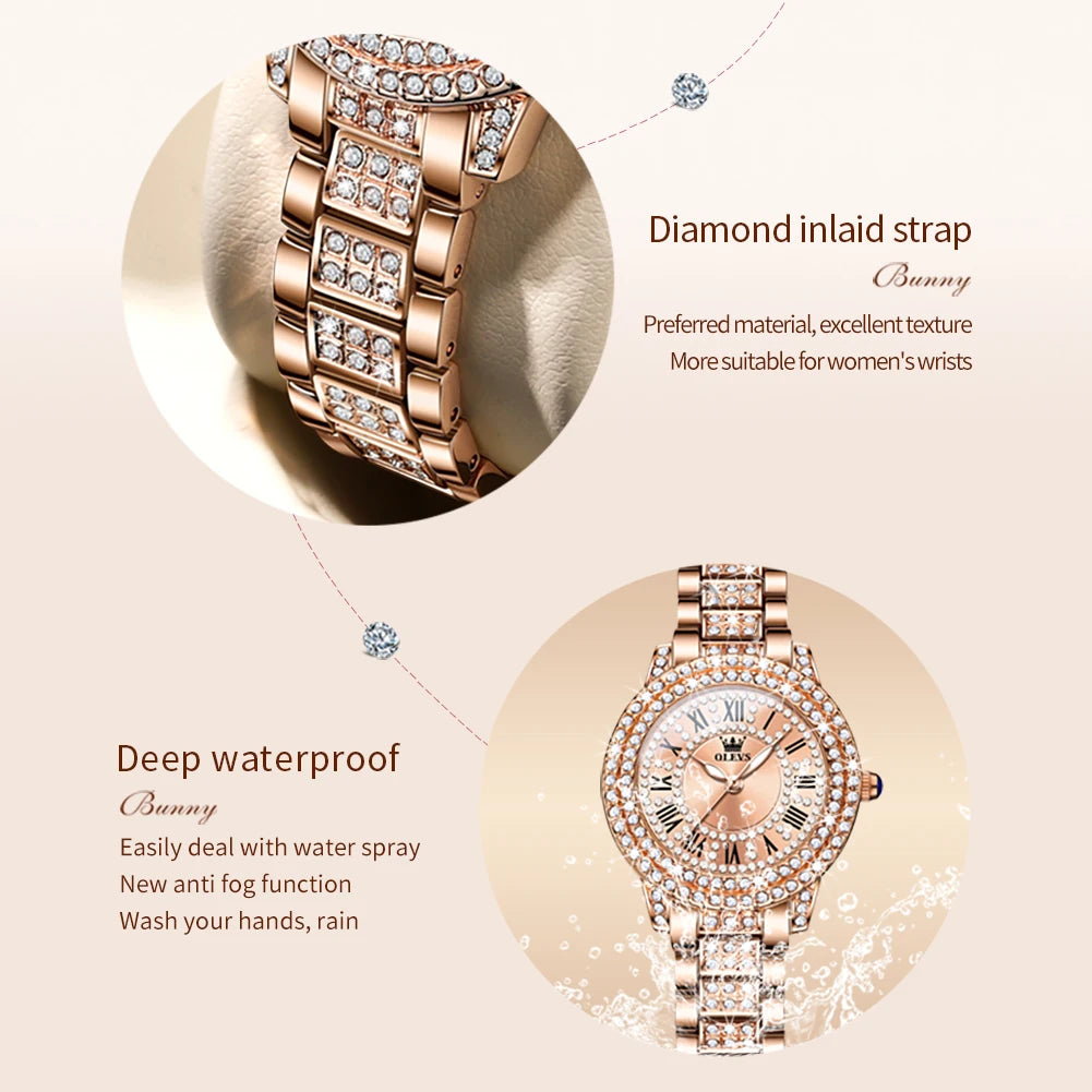 OLEVS Original Diamond Watch for Women Fashion Elegant Stainless Steel Waterproof Quartz Wristwatch Luxury Ladies Dress Watches - Qoraheyhub