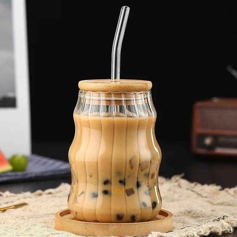 1/2pcs 500ml Glass Tumblers Cups With Straw Mason Jar Clear Juice Coffee Milk Cup With Bamboo Lids Drinkware Stripe Beer Mug
