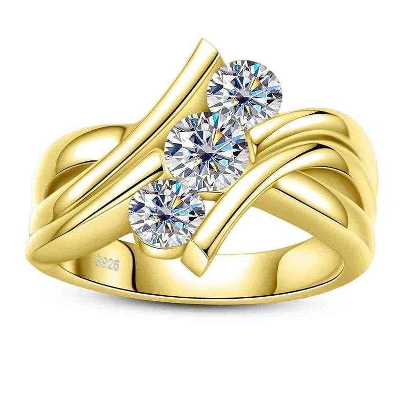 Three Stones 925 Sterling Silver 2 Carat All Moissanite Ring Woman Yellow Color Engagement Jewelry