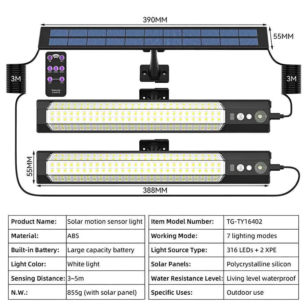 316/158 LED Solar Lamp Motion Sensor Outdoor Camping Wall Light Waterproof Solar Powered Security Light Garden Fence Garden