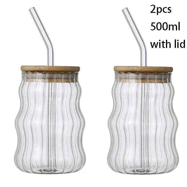 1/2pcs 500ml Glass Tumblers Cups With Straw Mason Jar Clear Juice Coffee Milk Cup With Bamboo Lids Drinkware Stripe Beer Mug