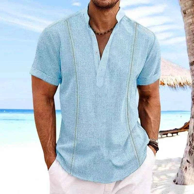 Summer Striped Henley Men's Shirts Fashion Oversized Button Stand Collar Short Sleeve Shirt Tops Man Clothing Comfortable Shirts