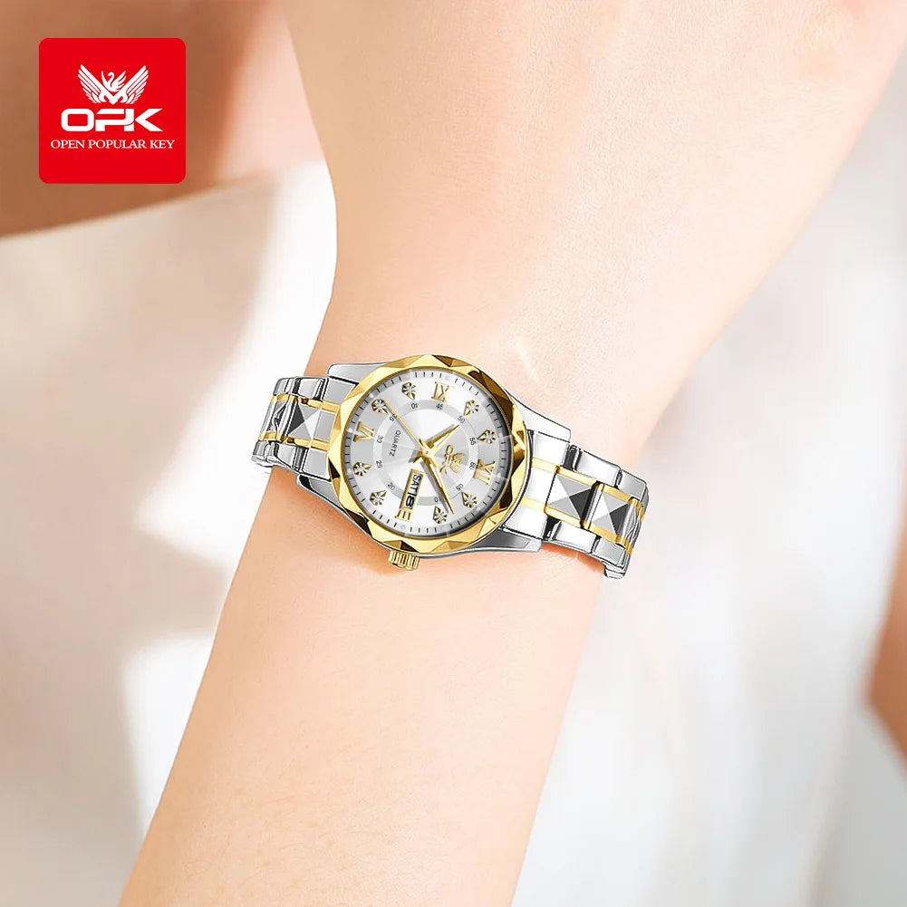 OPK Women Watches 6023L Elegant Fashion Original Quartz Watch for Lady Waterproof Stainless Steel Strap Small Dial Luminous Date - Qoraheyhub