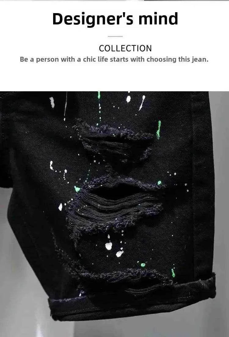 Trendy Brand Men's Unique Hip Hop Black Denim Shorts Loose Fit Summer Style High Quality Cotton Pants With Distressed Details